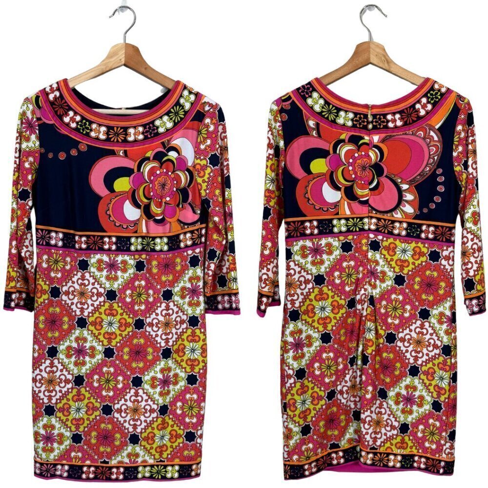 Trina Turk Retro Mod Shift Mini Dress Women's 0 Multicolor Floral Geometric Chic
